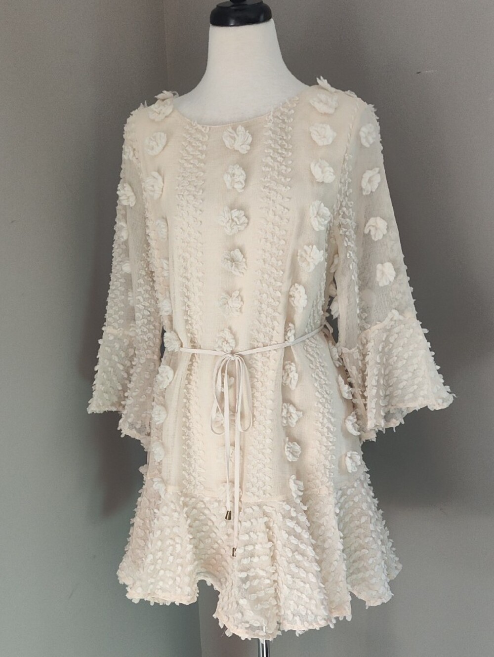 Entro Cream Textured Lined Mini Dress with Floral Appliqués And Bell Sleeves - Picture 2 of 16